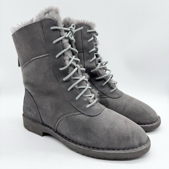 UGG Daney Lace Up Shearling Sheepskin Suede High Top Combat Boots Grey Size 8.5 - Picture 1 of 13